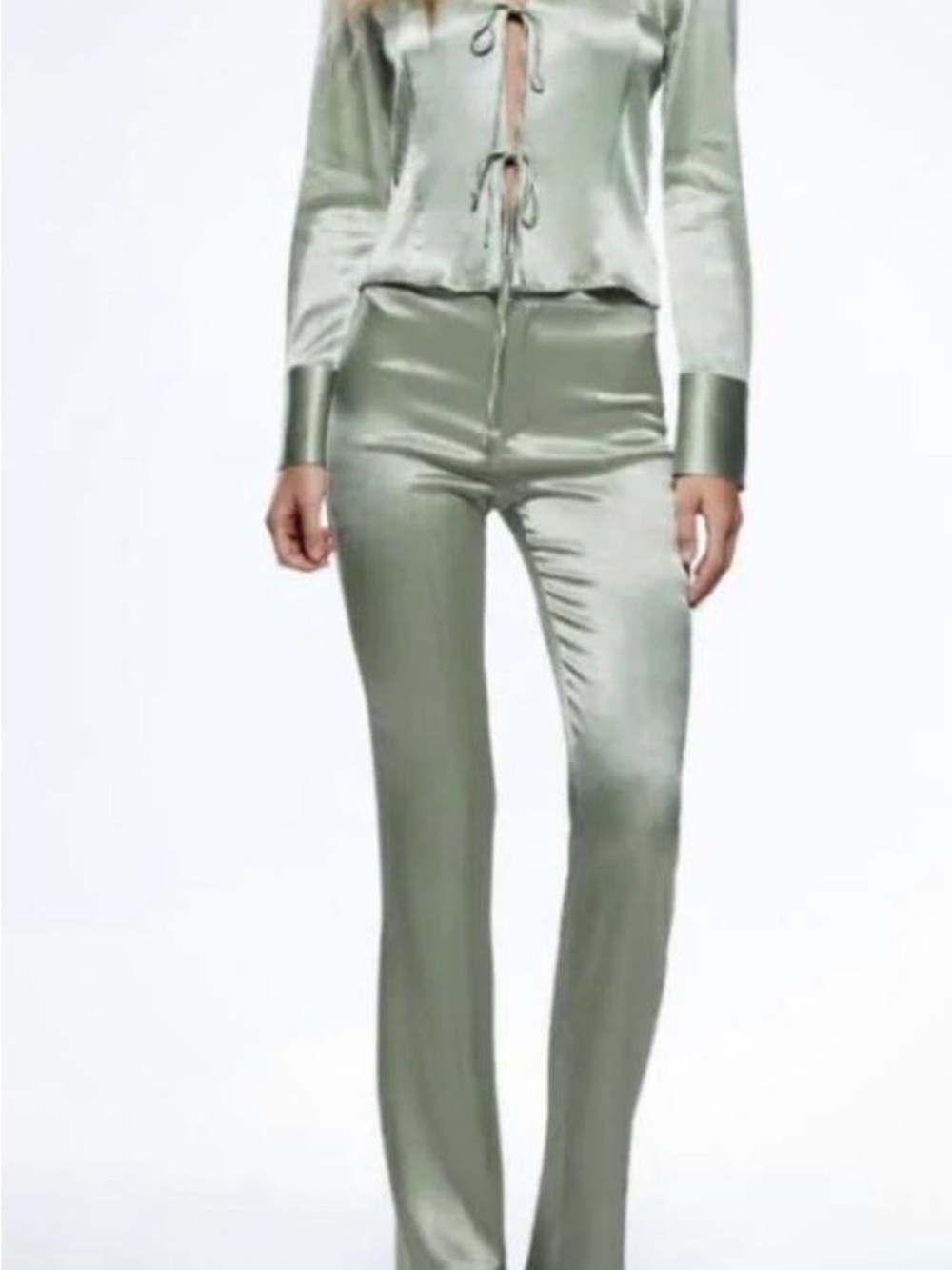 Zara Woman Sea Green Satin Shirt & Trousers Size XS